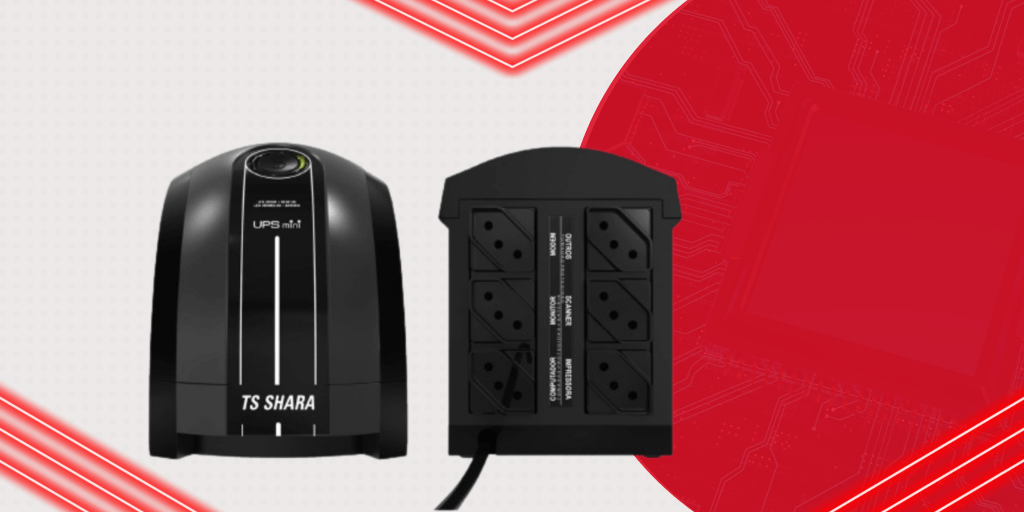 uma arte criada do nobreak mini da ts shara de frente e a traseira, em um fundo branco e vermelho