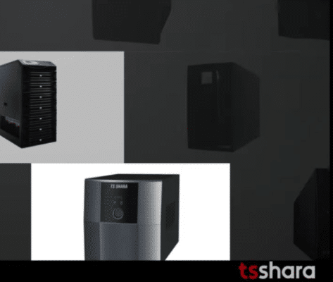 Uma montagem de algumas fotos de nobreaks da TS Shara , com o logotipo a direita