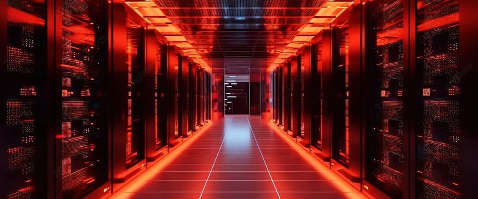 um corredor de data center, na cor vermelha