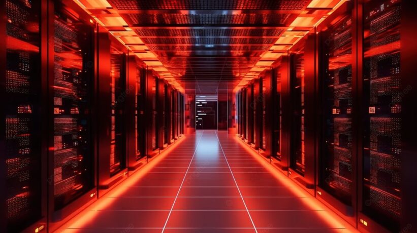 um corredor de data center, na cor vermelha