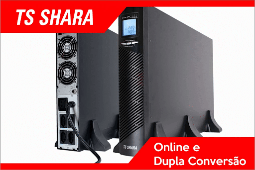 Nobreak TS Shara modelo online e dupla conversão, exibido em fundo branco com detalhes em vermelho