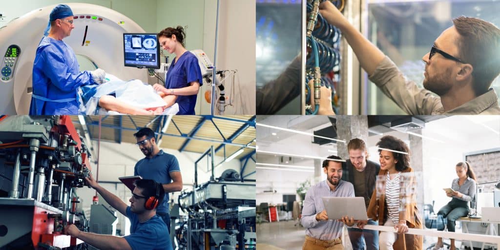 4 imagens fragmentadas, hospital, servidores, industria e escritório