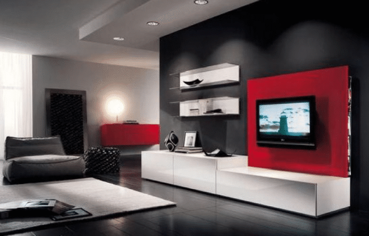 uma sala de estar preta e vermelha