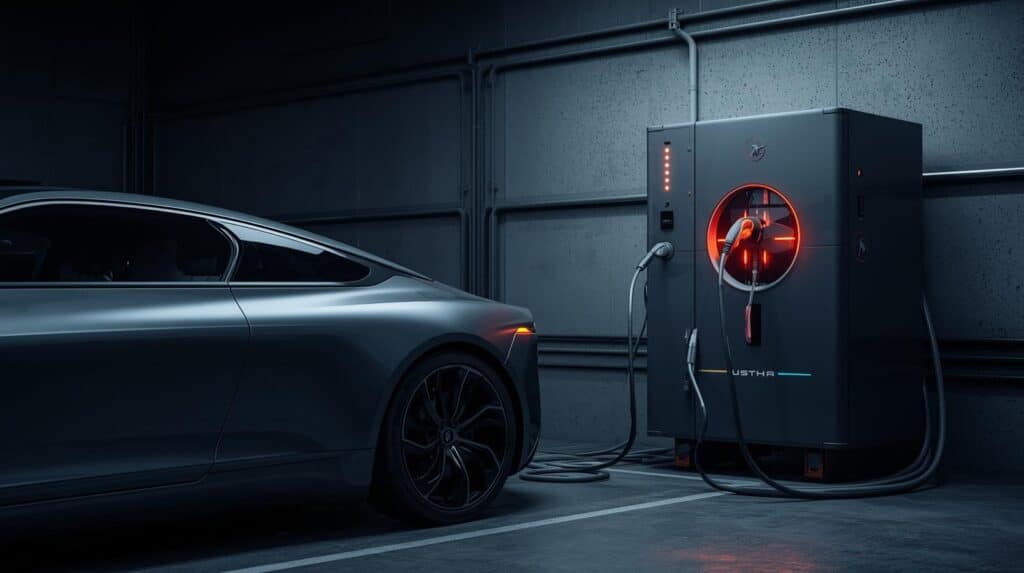 Carro elétrico cinza escuro sendo carregado em uma estação de carregamento grande e robusta em um ambiente escuro.