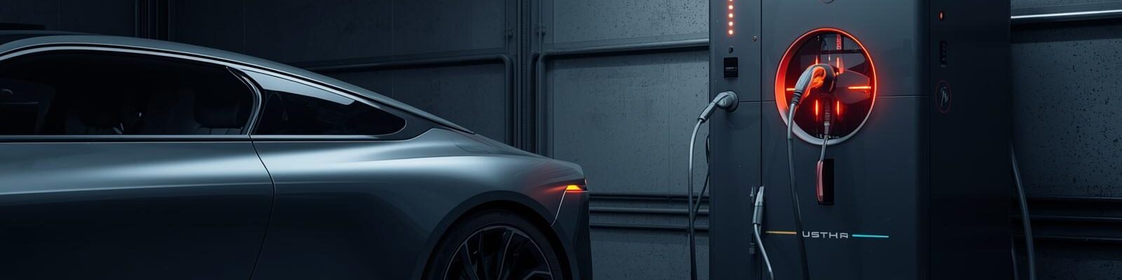 Carro elétrico cinza escuro sendo carregado em uma estação de carregamento grande e robusta em um ambiente escuro.