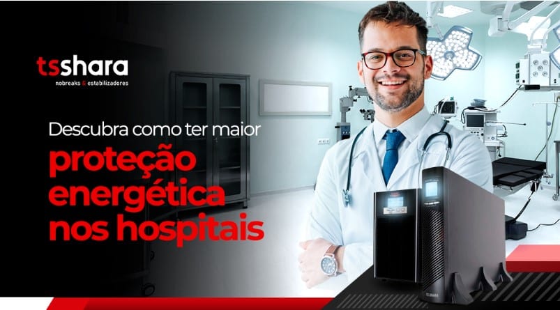 um médico sorrindo de braços cruzados com um fundo de hospital e um nobreak para a area da saude