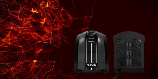 um nobreak mini da ts shara em um fundo vermelho e preto