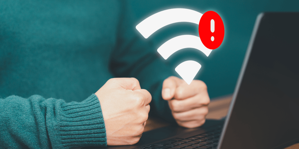 o simbolo de wifi com conexão fraca, e uma pessoa sentada com as mãos fechadas de raiva