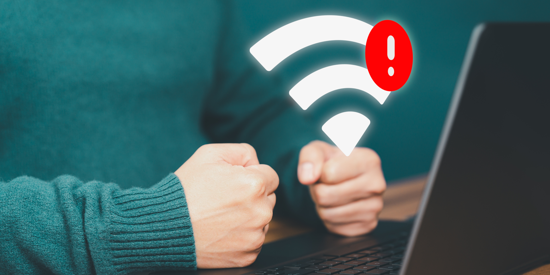 o simbolo de wifi com conexão fraca, e uma pessoa sentada com as mãos fechadas de raiva