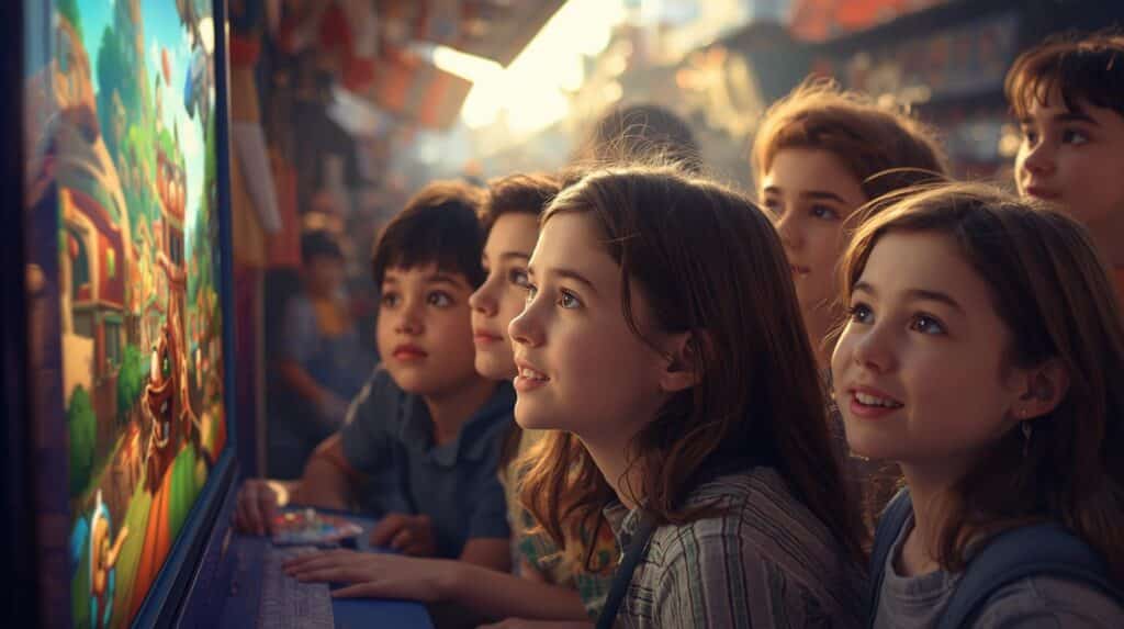 Foto de ciranças olhando com admiração para um videogame