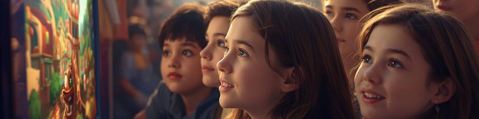 Foto de ciranças olhando com admiração para um videogame