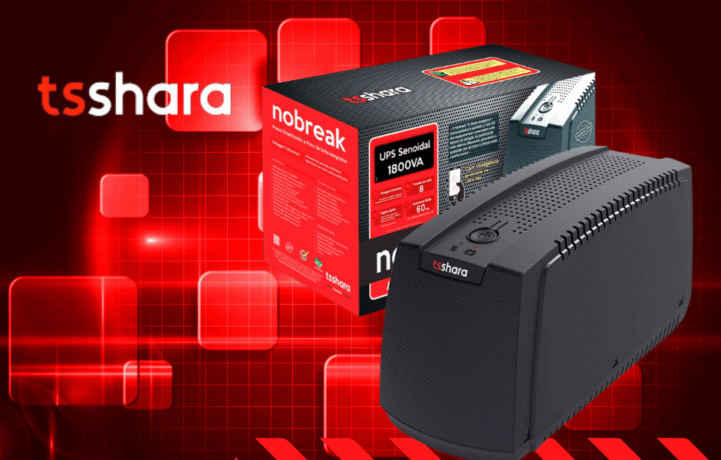 imagem do nobreak da ts shara ao lado da embalagem com um fundo em vários tons de vermelho