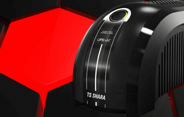 um nobreak mini da ts shara em um fundo vermelho e preto