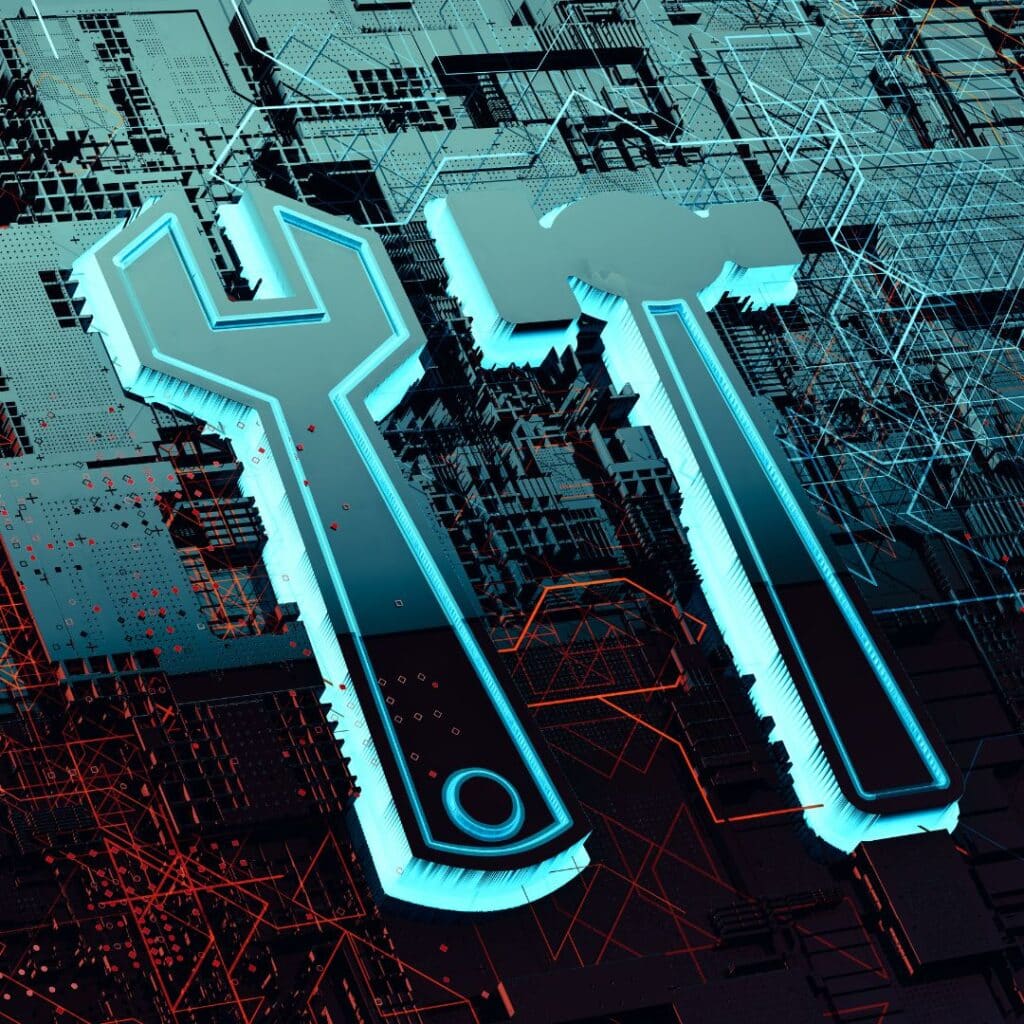 ilustração de uma chave de fenda e um martelo na cor azul com fundo neon azul