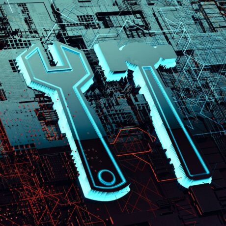 ilustração de uma chave de fenda e um martelo na cor azul com fundo neon azul