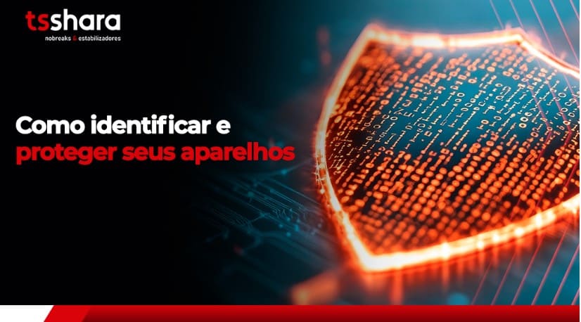 Escudo digital iluminado em laranja simbolizando proteção de dispositivos eletrônicos.