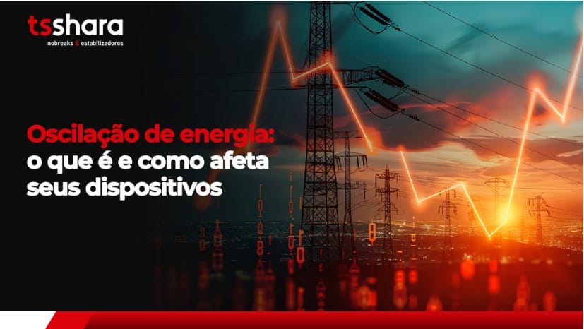 Torres de energia elétrica ao pôr do sol com gráfico luminoso representando oscilações.