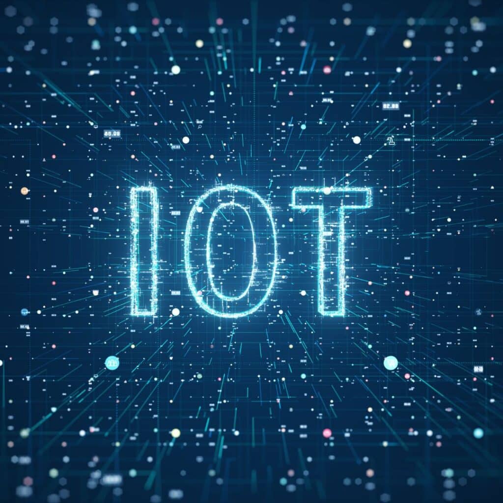uma imagem com fundo de tecnologia escrito IOT