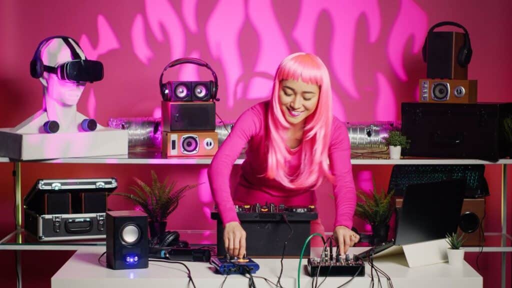 Uma pessoa de cabelos longos e cor-de-rosa vibrante está sorrindo enquanto manipula equipamentos de DJ em uma mesa branca. Ela veste uma blusa rosa combinando com o cabelo. Ao redor, há diversos equipamentos eletrônicos: alto-falantes, um laptop aberto, caixas de som empilhadas com fones de ouvido e um manequim usando óculos de realidade virtual. O fundo é rosa com luzes e sombras decorativas. Pequenas plantas em vasos estão espalhadas pela mesa e prateleiras, dando um toque de verde ao ambiente tecnológico e colorido.