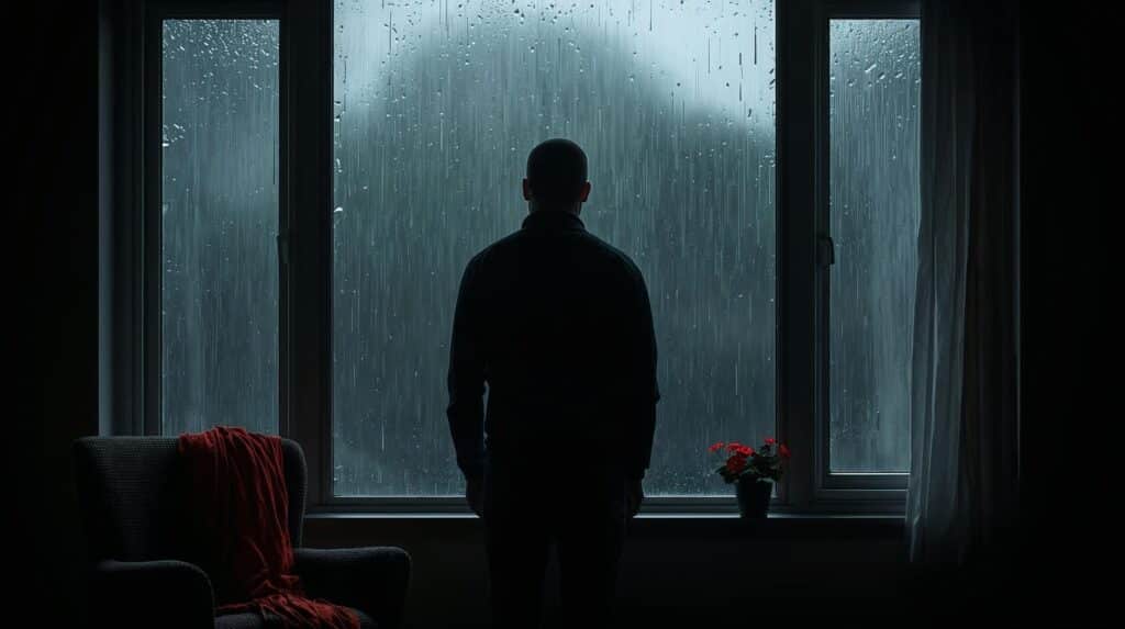 Homem olhando a chuva dentro de sua casa, sem energia