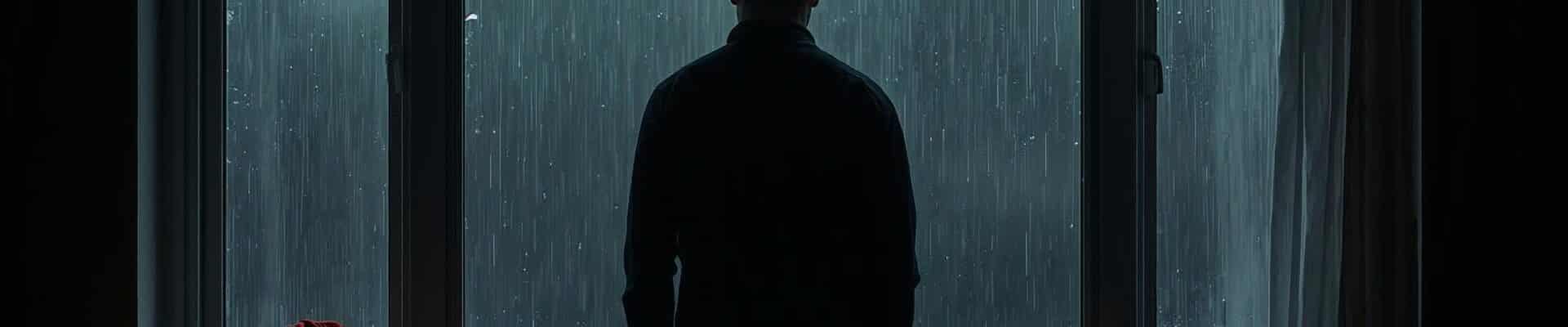 Homem olhando a chuva dentro de sua casa, sem energia