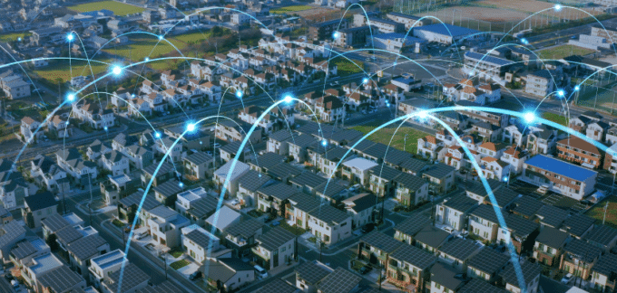 uma ilustração de uma cidade vista por cima com várias conexões entre elas