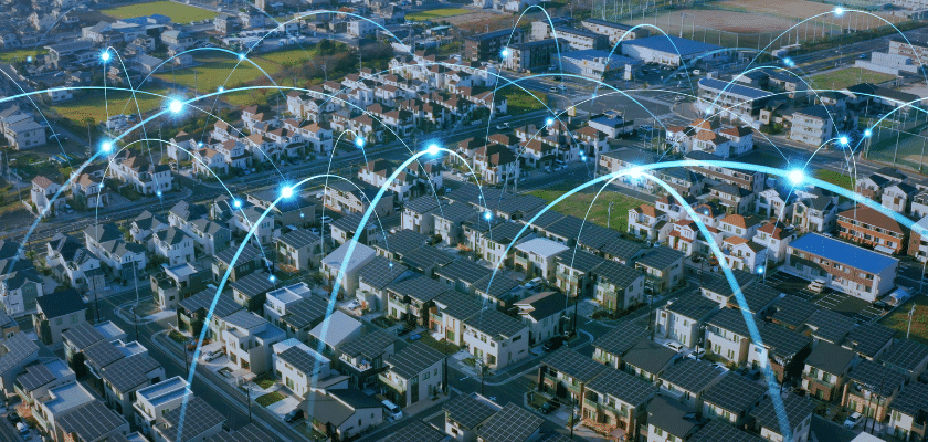 uma ilustração de uma cidade vista por cima com várias conexões entre elas