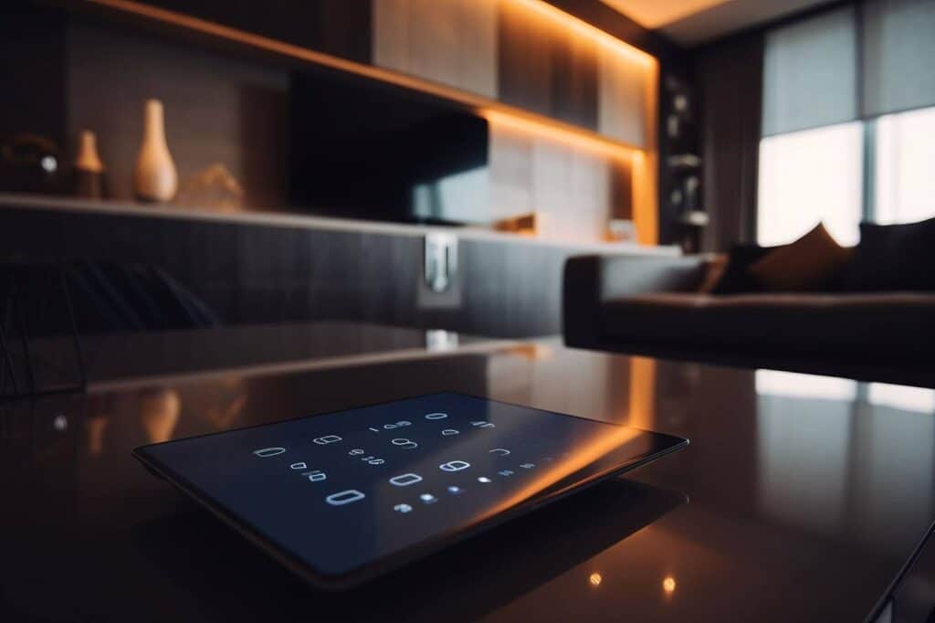 A segunda imagem é de uma sala de estar moderna e aconchegante, com iluminação quente e suave. A luz vem de uma fonte escondida atrás de prateleiras de madeira, realçando a textura e a beleza do ambiente. Em primeiro plano, sobre uma mesa de centro brilhante, há um tablet com uma tela escura, mostrando uma interface digital de automação residencial. A tela exibe ícones de luz, um termômetro e um cadeado, junto com botões numéricos que sugerem a possibilidade de inserir um código. A imagem sugere uma casa inteligente, onde a tecnologia se integra perfeitamente ao conforto e ao design do espaço.