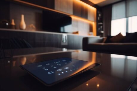 A segunda imagem é de uma sala de estar moderna e aconchegante, com iluminação quente e suave. A luz vem de uma fonte escondida atrás de prateleiras de madeira, realçando a textura e a beleza do ambiente. Em primeiro plano, sobre uma mesa de centro brilhante, há um tablet com uma tela escura, mostrando uma interface digital de automação residencial. A tela exibe ícones de luz, um termômetro e um cadeado, junto com botões numéricos que sugerem a possibilidade de inserir um código. A imagem sugere uma casa inteligente, onde a tecnologia se integra perfeitamente ao conforto e ao design do espaço.