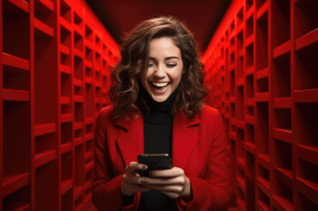 A imagem mostra uma mulher de cabelo castanho e encaracolado, com um sorriso largo, olhando para um celular que ela segura com as duas mãos. Ela está vestindo uma blusa preta de gola alta e um blazer vermelho, combinando com o fundo vibrante. A mulher está em um corredor ou sala com paredes, teto e chão vermelhos, que parecem ser uma estante. As luzes e as linhas na parede convergem para o centro da imagem, criando a sensação de profundidade e dinamismo.