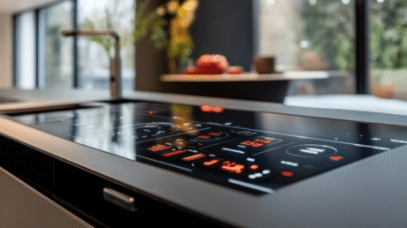 A primeira imagem mostra uma cozinha de alta tecnologia. O ponto focal é a superfície de um cooktop de indução, que parece ser um balcão de cozinha inteiriço. A tela preta e brilhante do cooktop mostra painéis de controle digitais em vermelho e branco, com números e ícones que parecem indicar zonas de aquecimento e configurações. Acima do balcão, uma torneira moderna se destaca. O fundo da imagem revela um ambiente minimalista com grandes janelas que dão para a natureza, e uma ilha de cozinha com frutas em uma tigela. A iluminação ambiente é suave, criando uma atmosfera sofisticada e limpa.