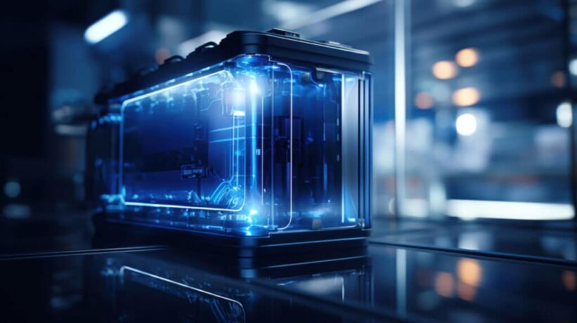 Imagem de uma bateria grande azul em um fundo de data center