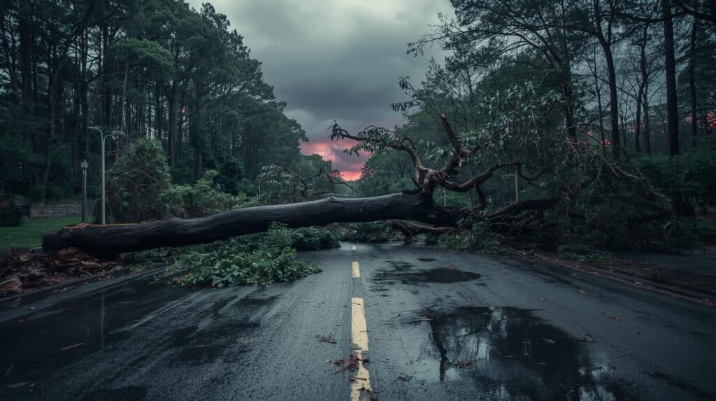 rua urbana após uma tempestade. Uma árvore de grande porte caiu sobre a via, com seus galhos atingindo a fiação elétrica de um poste inclinado.