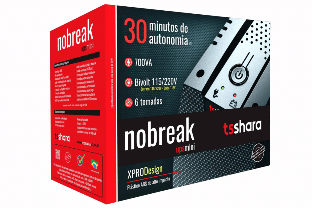 foto da embalagem do nobreak mini 700va da ts shara, ela é nas cores vermelha e preta