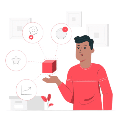 Ilustração de um homem de pele clara e cabelo preto curto, vestindo uma camisa vermelha. Ele está com uma das mãos levantadas, segurando um cubo vermelho. Ao redor dele, há cinco ícones circulares conectados ao cubo por linhas tracejadas: uma engrenagem, um relógio, uma estrela, um gráfico de linha em crescimento e um círculo com um check. A cena sugere organização, produtividade e planejamento.