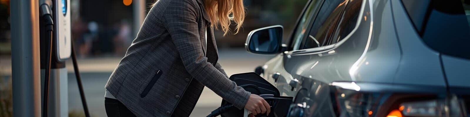 imagem de uma motorista carregando seu carro em um posto