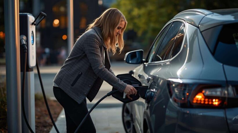 imagem de uma motorista carregando seu carro em um posto