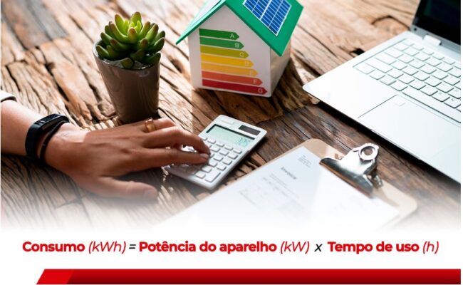 Cálculo de consumo de energia elétrica com fórmula e calculadora.