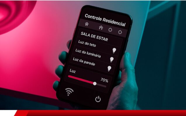 App de controle residencial ajustando iluminação da sala.