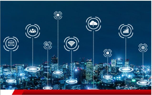 Cidade inteligente com ícones representando Internet das Coisas (IoT)