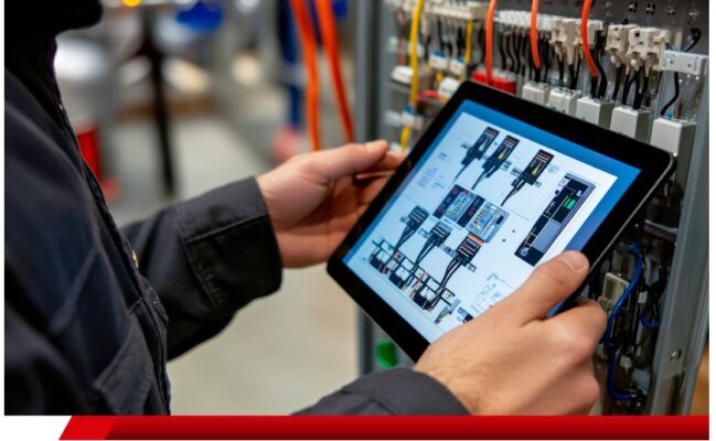 Técnico usando tablet para monitorar painel elétrico