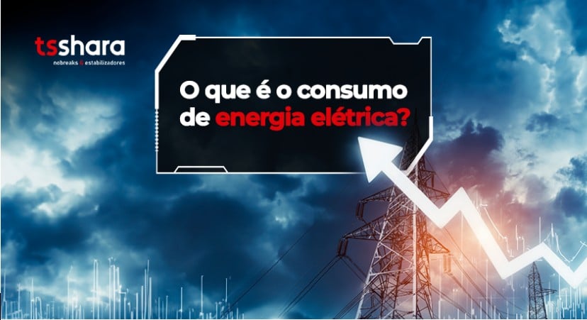Torre de energia com seta de consumo crescente e céu tempestuoso