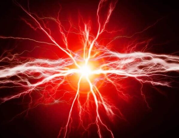 Ilustração de um feixe intenso de energia elétrica vermelha com faíscas se espalhando a partir do centro luminoso.