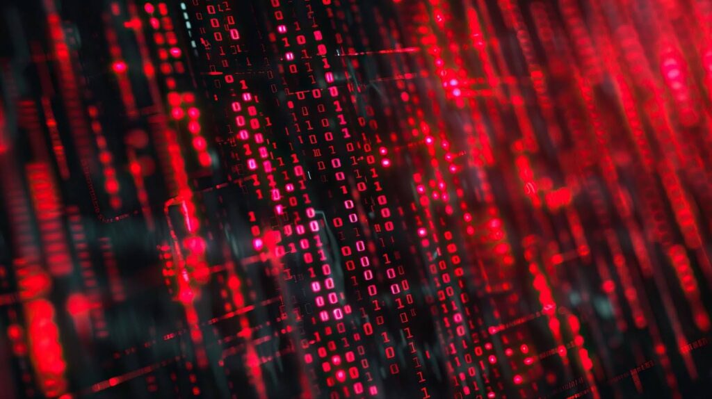 A imagem apresenta um fundo digital composto por números binários (0s e 1s) em tons de vermelho. O padrão de números se estende por toda a tela, criando uma sensação de movimento e fluidez, como se os dados estivessem sendo transmitidos. A iluminação vermelha, junto com o padrão binário, transmite uma atmosfera de ambiente tecnológico, futurista e altamente digitalizado.