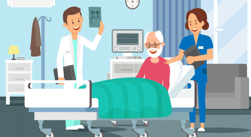 ima ilustração de um paciente sentada na cama do hospital com uma enfermeira em pé e um doutor
