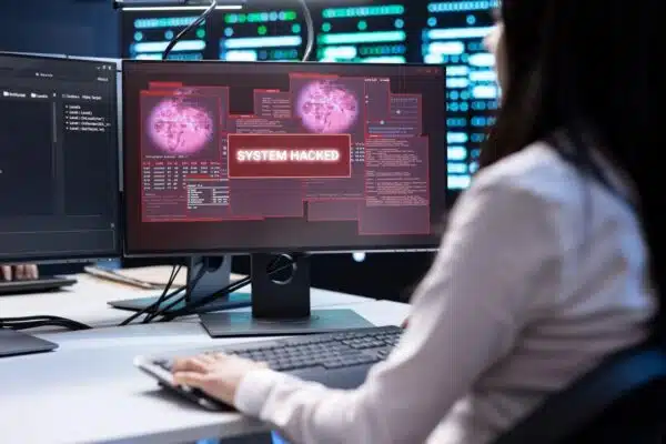 A imagem mostra uma pessoa em um ambiente de trabalho com dois monitores. A tela principal exibe uma mensagem de erro com a frase "SYSTEM HACKED" em letras grandes e vermelhas, sugerindo que o sistema foi invadido. A tela está cheia de janelas pop-up de alertas, com códigos e gráficos que indicam uma falha ou intrusão no sistema. A pessoa está sentada de costas, com a mão em um teclado, aparentemente tentando resolver o problema. O fundo da imagem tem muitas luzes digitais, criando uma atmosfera de trabalho em segurança ou monitoramento de rede.