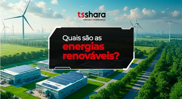 Parque com turbinas eólicas e painéis solares
