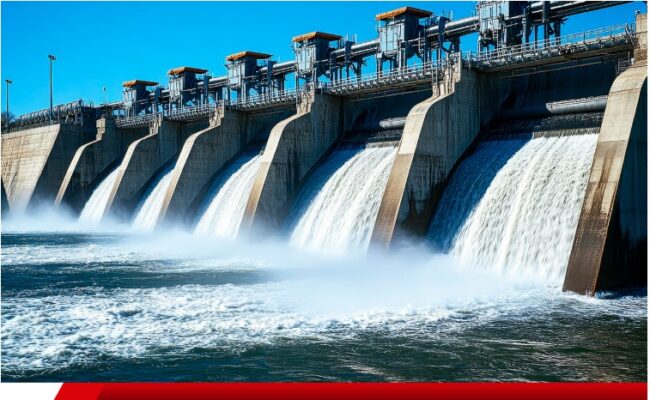 Barragem de usina hidrelétrica com água fluindo