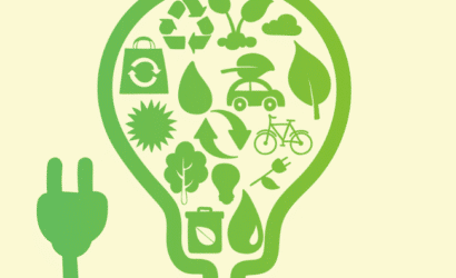 Ilustração em tons de verde de uma lâmpada em forma de bulbo conectada a uma tomada, contendo ícones de sustentabilidade