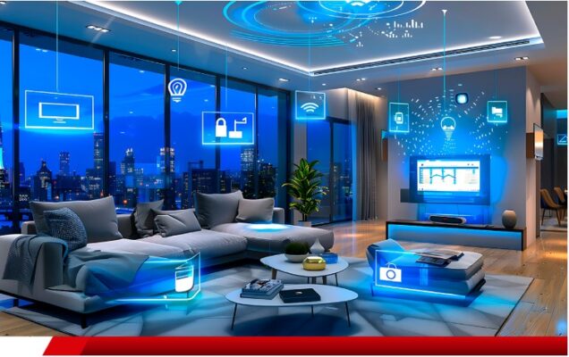 Sala moderna com sistemas de automação residencial e dispositivos conectados